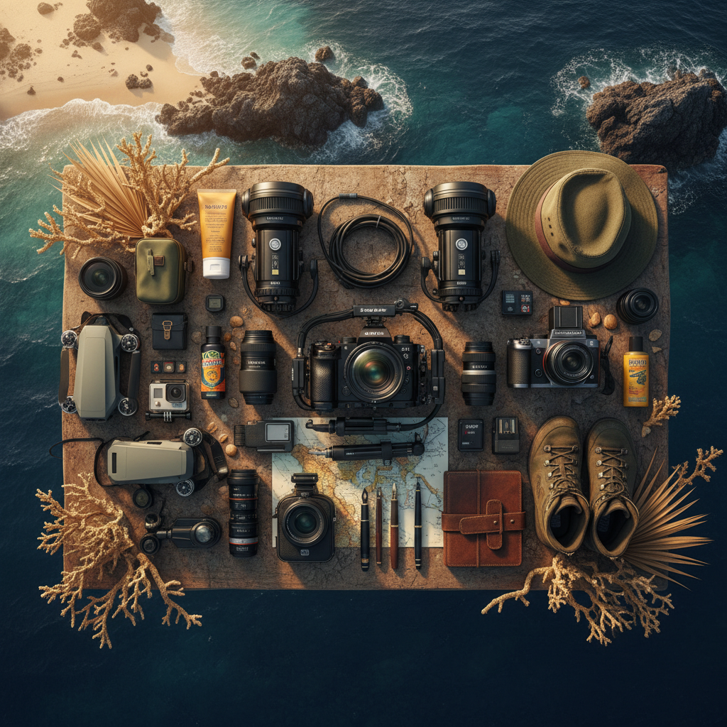 Overhead view of professional photography gear,